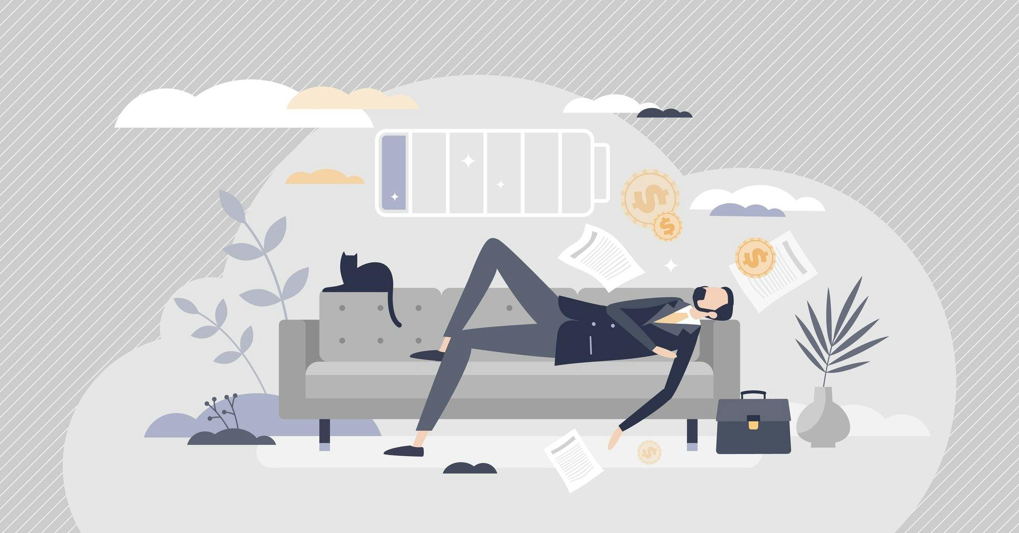 Stylized man in suit napping on sofa